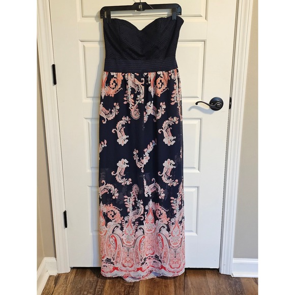 Trixxi Navy Blue Lace Strapless Maxi Dress Paisley Print Cutout Back XL - Picture 2 of 5